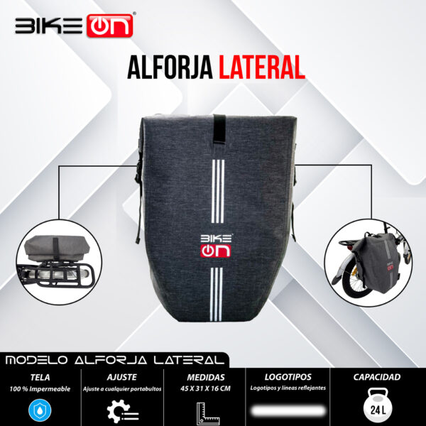 Alforja lateral impermeable BikeOn 24L gris con reflectantes, ajustes y logotipos para motos eléctricas y bicicletas en México.