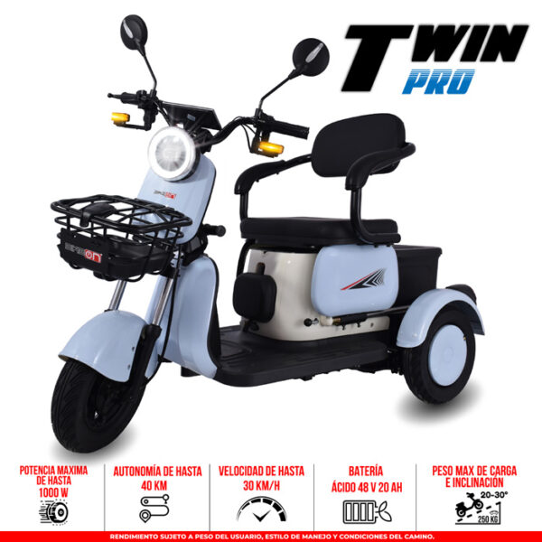 Trimoto eléctrica Twin Pro con gran estabilidad, autonomía 50 km, 1000 W y capacidad para carga pesada en México 
