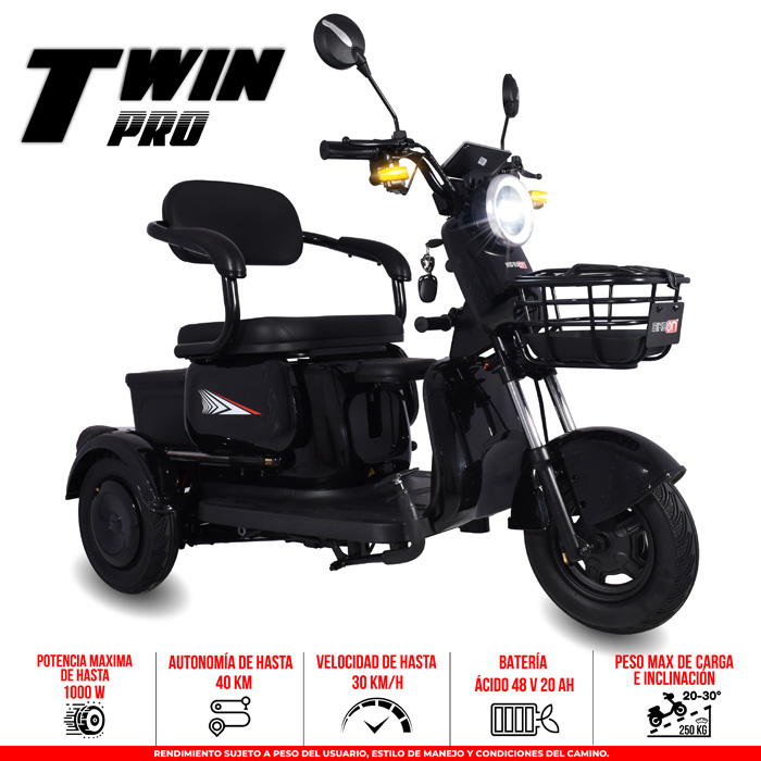 Trimoto eléctrica Twin Pro Color Negro, 30 km/h 40 km autonomía, mejores trimotos eléctricas México CDMX precios