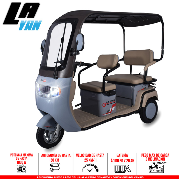 Trimoto Eléctrica La Van Familiar | 50 km Autonomía | BikeOn México Trimoto eléctrica La Van con cabina familiar, hasta 50 km autonomía, 1000 W y ideal para familias o repartidores en CDMX