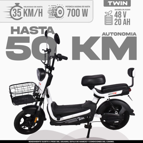 Bicimoto eléctrica Twin 35 km/h 50 km autonomía, bicimotos eléctricas México CDMX mejores precios