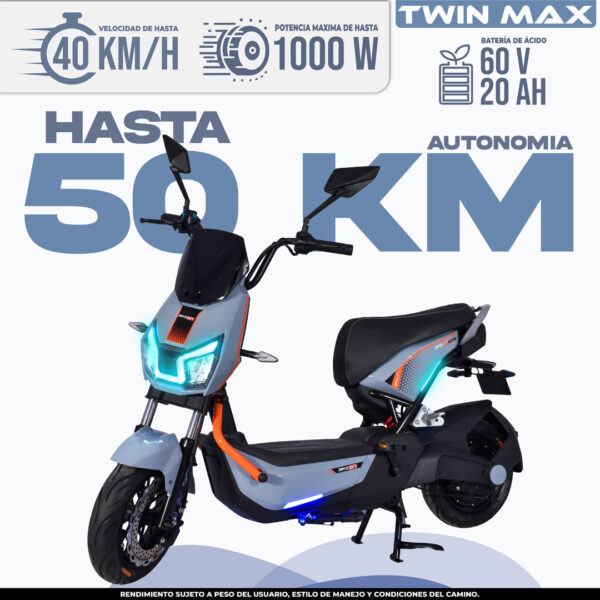 Bicimoto eléctrica Twin Max con asiento doble, hasta 50 km autonomía, 1000 W y pedaleo asistido para ciudad en México.