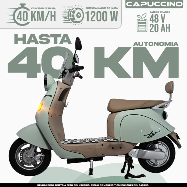 Moto eléctrica Capuccino 2026 potente 1200 W, hasta 40 km autonomía, 40 km/h velocidad y asiento para dos en México 