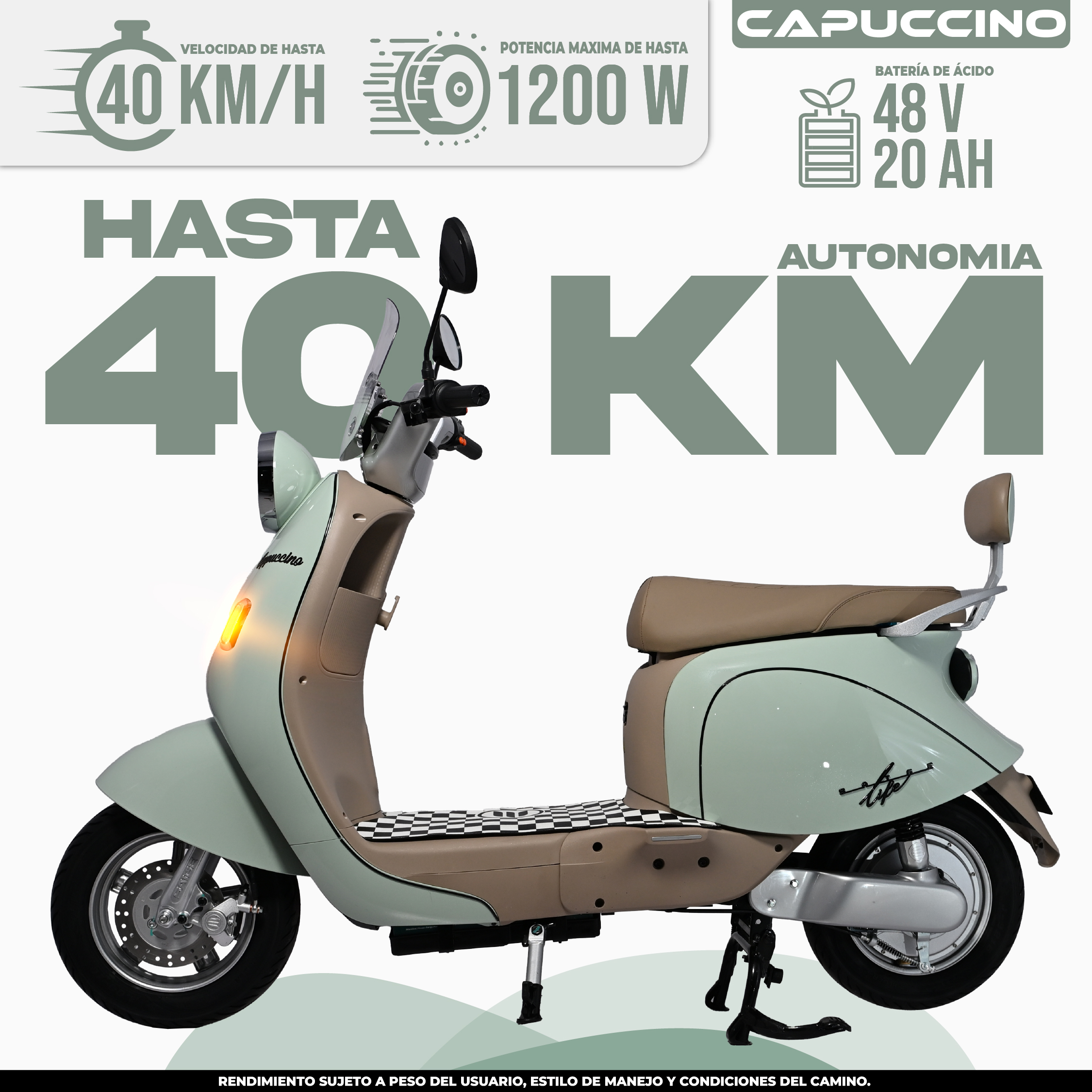 Moto Eléctrica Capuccino 1200 W | Hasta 40 km Autonomía | BikeOn 2026 Moto eléctrica Capuccino 2026 potente 1200 W, hasta 40 km autonomía, 40 km/h velocidad y asiento para dos en México