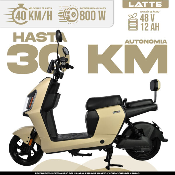 Moto eléctrica Latte elegante color beige, hasta 60 km/h velocidad, 800 W potencia y 30 km autonomía, estilo scooter en México 