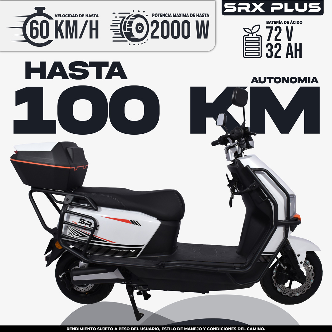 Moto Eléctrica SRX Plus 2000 W | 100 km Autonomía | BikeOn México Moto eléctrica SRX Plus potente 2000 W, hasta 100 km autonomía, velocidad 60 km/h y batería 72V para trayectos largos en México