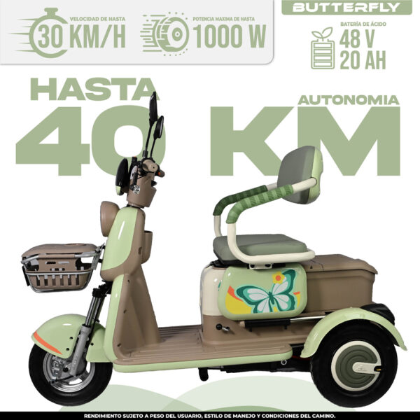 Trimoto eléctrica Butterfly 2026 con diseño floral verde, asiento doble, hasta 40 km autonomía y 1000 W, ideal para ciudad en México 