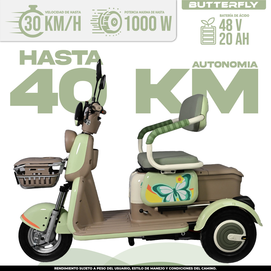 Trimoto Eléctrica Butterfly Floral 2026 | Hasta 40 km Autonomía | BikeOn México Trimoto eléctrica Butterfly 2026 con diseño floral verde, asiento doble, hasta 40 km autonomía y 1000 W, ideal para ciudad en México