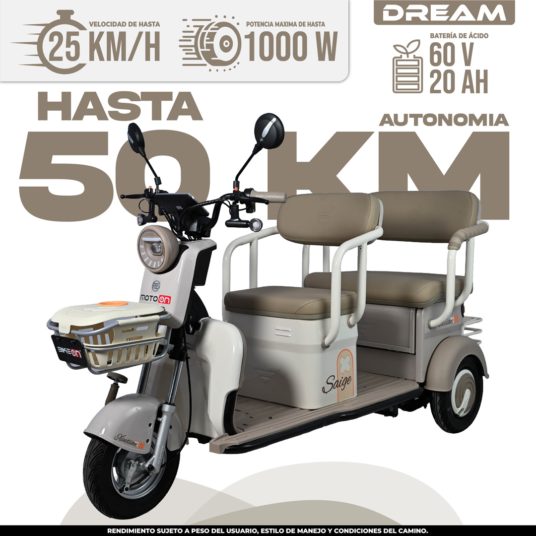 Trimoto Eléctrica Dream Eficiente - BikeOn México Trimoto eléctrica Dream Color Crema, 25 km/h 50 km autonomía, modelos trimotos eléctricas CDMX México
