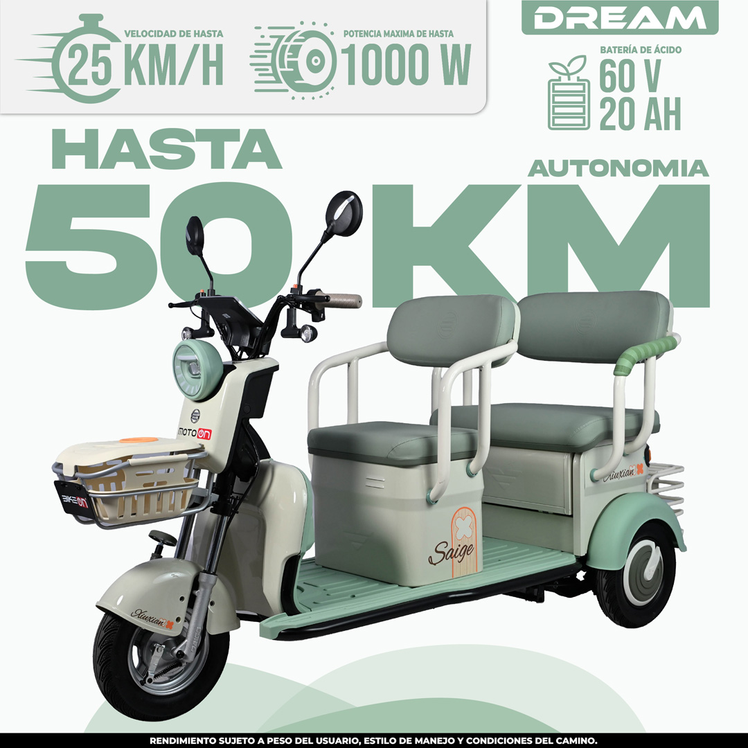 Trimoto Eléctrica Dream | 50 km Autonomía | Ideal para Familias y Repartos | BikeOn Trimoto eléctrica Dream con capacidad familiar, hasta 50 km autonomía, 1000 W potencia y asiento doble para repartos en México