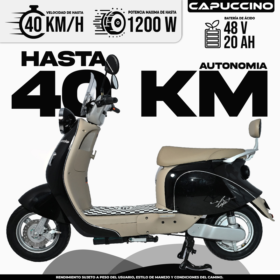 Moto Eléctrica Capuccino Potente Color Negro - BikeOn Modelos Moto eléctrica Capuccino Color Negro 40 km/h 40 km autonomía, mejores motos eléctricas México CDMX precios
